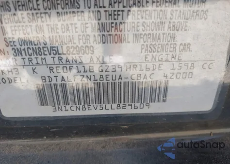 2020 Nissan Versa Sv Xtronic Cvt from USA, damaged, VIN 3N1CN8EV5LL829609